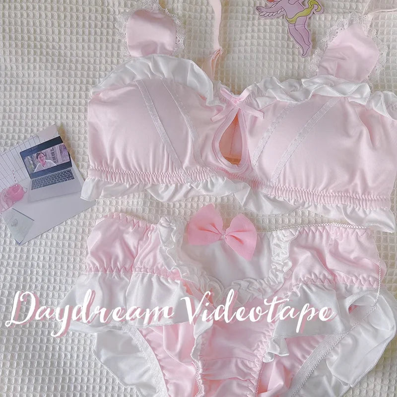 MOYISU Kawaii Lolita Bra Set, Bunny Ear Cutout No Wire Bralette Soft Sweetheart Lingerie Small Bust Pure Sexy Japanese Ya Ma Die