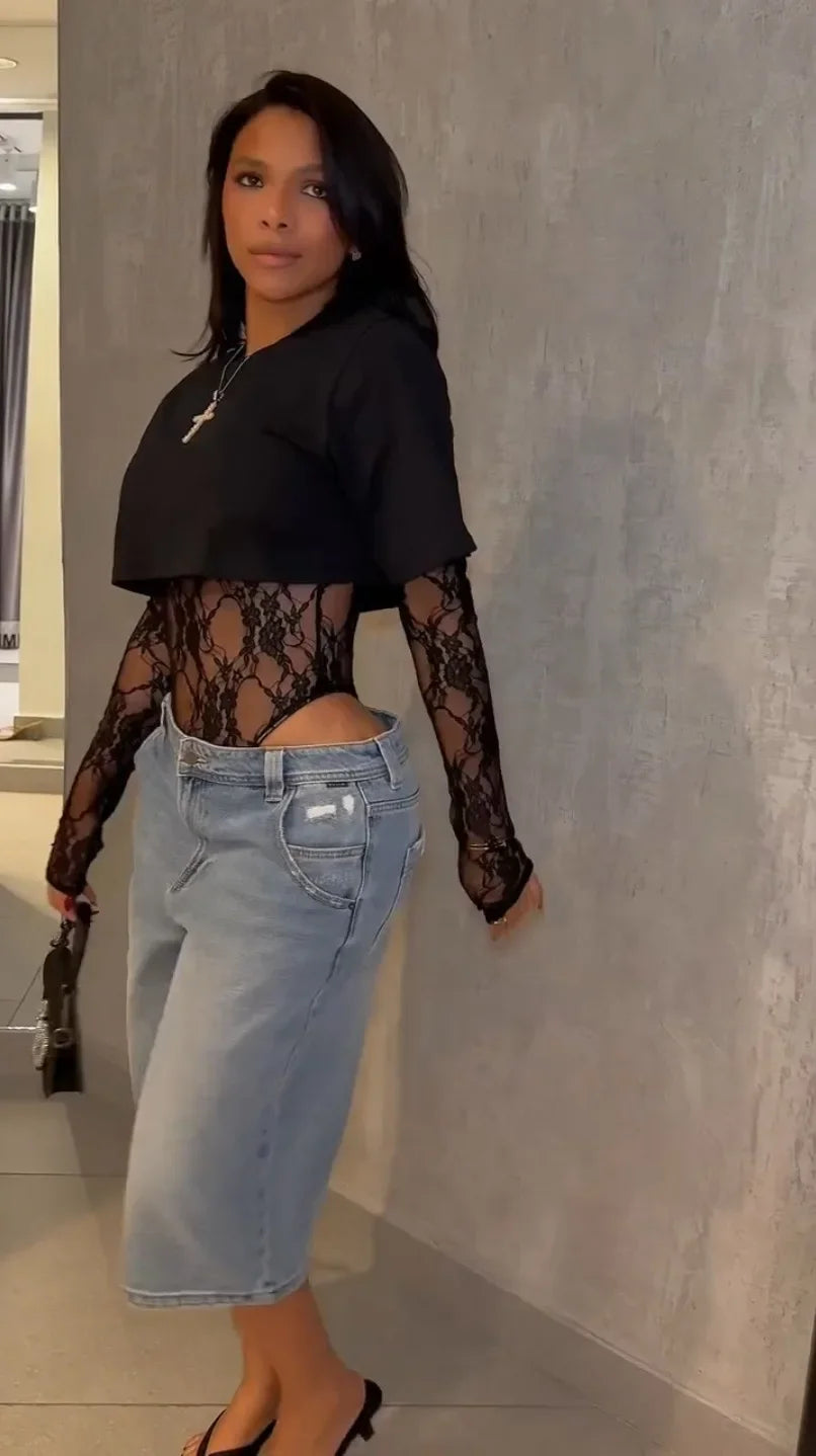 Sexy Women Crop Top+Lace Jacquard Full Sleeve Bodysuit Hottie Street Clubwear Slim Wild Matching Basic Skinny Tees