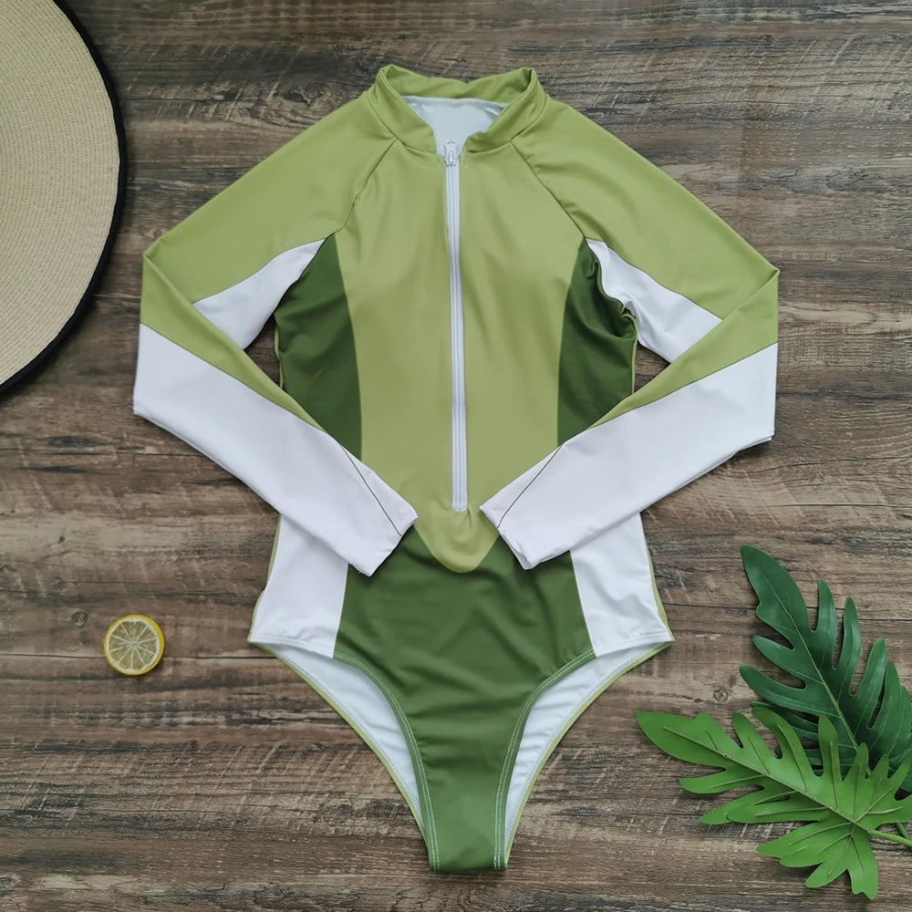 2026 Surfing Sport Swimsuit Long Sleeves Women One Piece Swimsuit  Swimwear Solid Monokini Bathing Suit Tropical Bodysuit Female