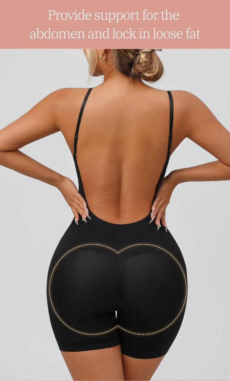 Flarixa Women's Low Back Seamless Bodysuit Tummy Control Hip Lifter Full Body Shaper Backless Shapewear Jumpsuit Slim Corset
