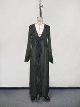 Beach Cover Up Cover-ups Dress Chiffon Long Sleeve Sunscreen Beachwear Womens Clothing Sexy V Neck Ruffled Black White New Tunic