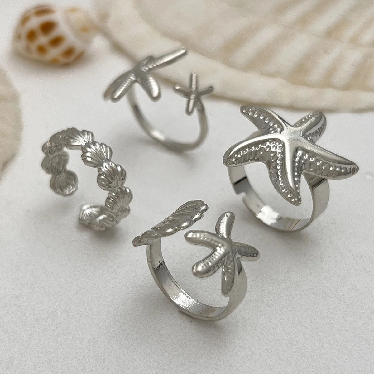 6pcs Set Exaggerated Personality Summer Starfish Shells Sun Flower Rings for Women Retro Irregular Charm Finger Jewelry Set Gift