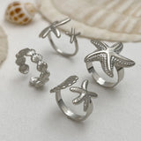 6pcs Set Exaggerated Personality Summer Starfish Shells Sun Flower Rings for Women Retro Irregular Charm Finger Jewelry Set Gift