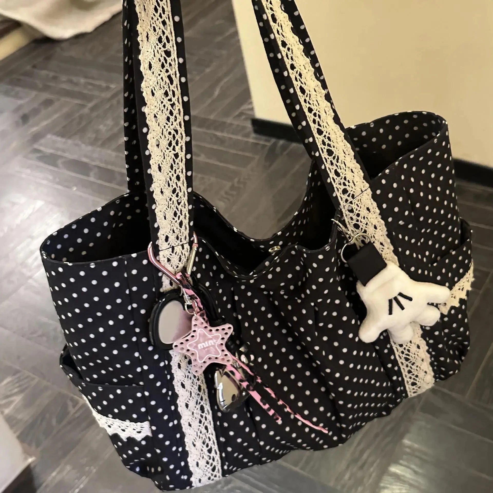 Women Shoulder Bag For Korean Vintage Canvas Cute Lace Large Capacity Tote Multi Pocket Handbag Fashion Round Dot Underarm Bag
