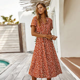 Vintage Floral Print Dress Women Boho Short Sleeve Long Dress Turn Down Collar Casual Waistband Shirt Dresses Robe 2021 Summer