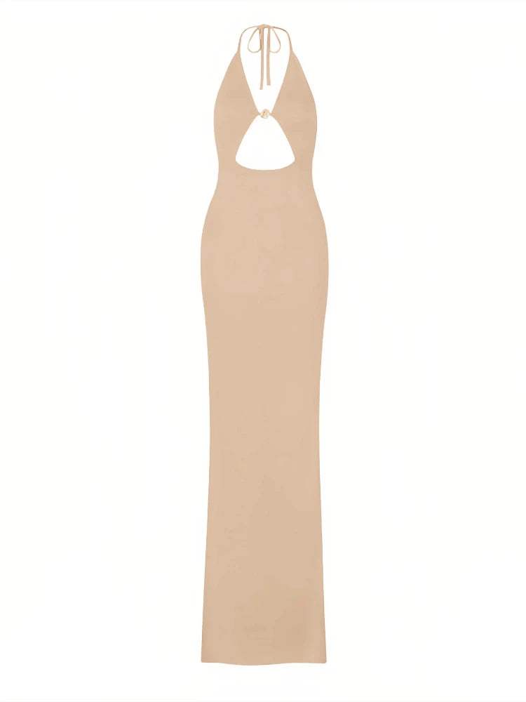 Sexy Knit Halter V Neck Slit Beach Maxi Dress For Women 2026 Chic Button Cut Out Backless Party Dresses Swimwear Cover Up A3151