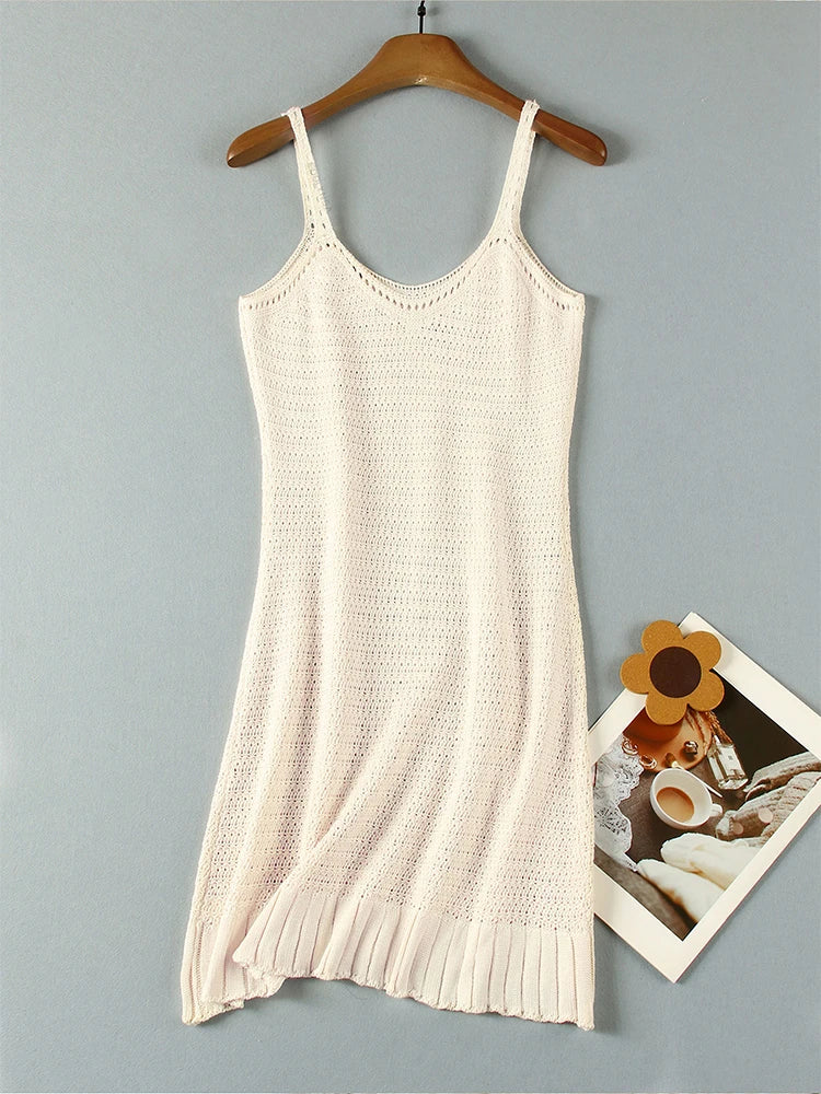 Sexy Crochet Halter V Neck Chic Ruffle Knit Beach Mini Dress 2026 Women Comfy Swimsuit Cover Up Seaside Holiday Club Dresses K58
