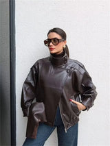 Women's Jacket 2026 Autunm  New Black Long Sleeve Pebble Faux Leather Jacket Motorcycle Style Personality Fashion
