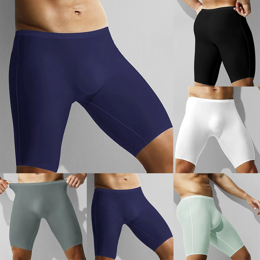 1pc Men Ice Silk Boxers Shorts Sports Long Leg Shorts Underwear Thin Seamless Anti-wear Panties Breathable Comfortable Underpant