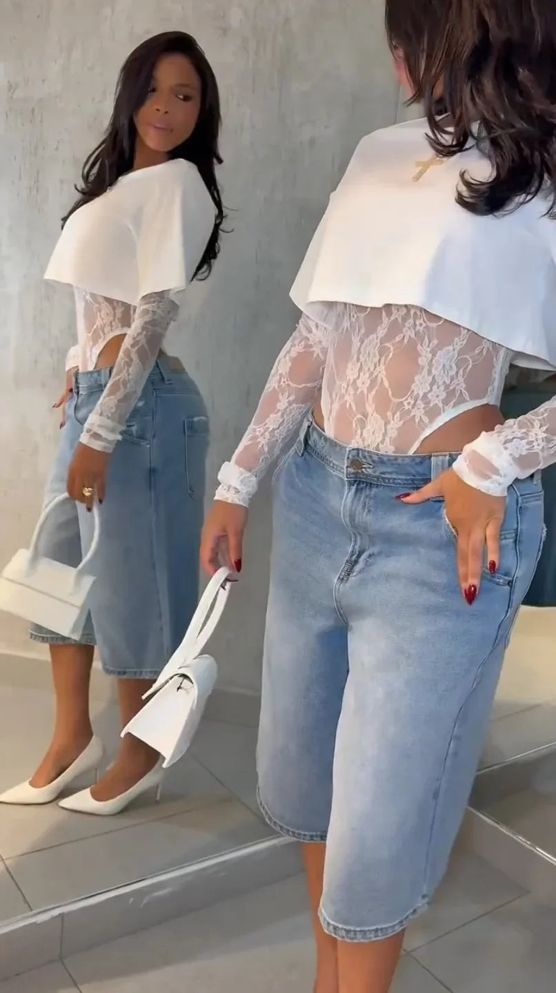 Sexy Women Crop Top+Lace Jacquard Full Sleeve Bodysuit Hottie Street Clubwear Slim Wild Matching Basic Skinny Tees