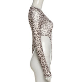Huhugirl Leopard Print Skinny Bodysuit Women Rompers Sexy Slim Fit Long Sleeves U-neck Bodycon Tops Female Jumpsuits Overalls