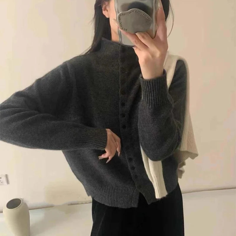 New Soft Comfortable Stand-Up Collar Sweater Cardigan Women Simple Single Breasted Cardigans Coat Autumn Solid Knitted Outerwear