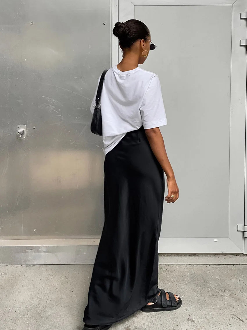 Elegant Satin Black Trumpet Skirts Fashion Slim High Waist Skirts Women Female Solid Office Long Skirt Spring Summer
