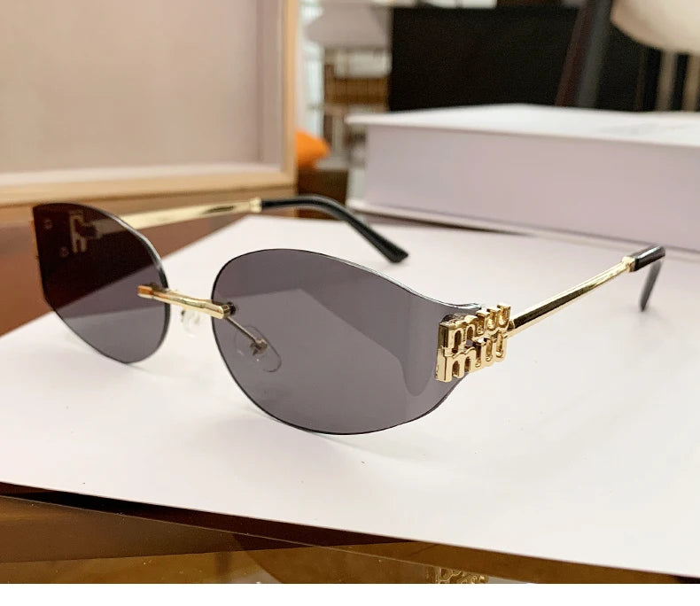 Rimless Oval Sunglasses Women UV400 Oversized Gradient Black Lenses Metal Frame Punk Decorative Glasses Men Goggles Female