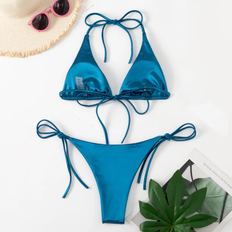 Halter Brazilian Metallic Satin Bikini Women Swimwear Female Swimsuit Two-pieces Bikini Set High Cut Bathing Suit Swim Beachwear