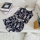 Women Sexy Pajama Ladies Satin Pajama Print Round Neck Ice Silk Top T-Shirt and Shorts Sets Breathable Comfortable Home Wear New