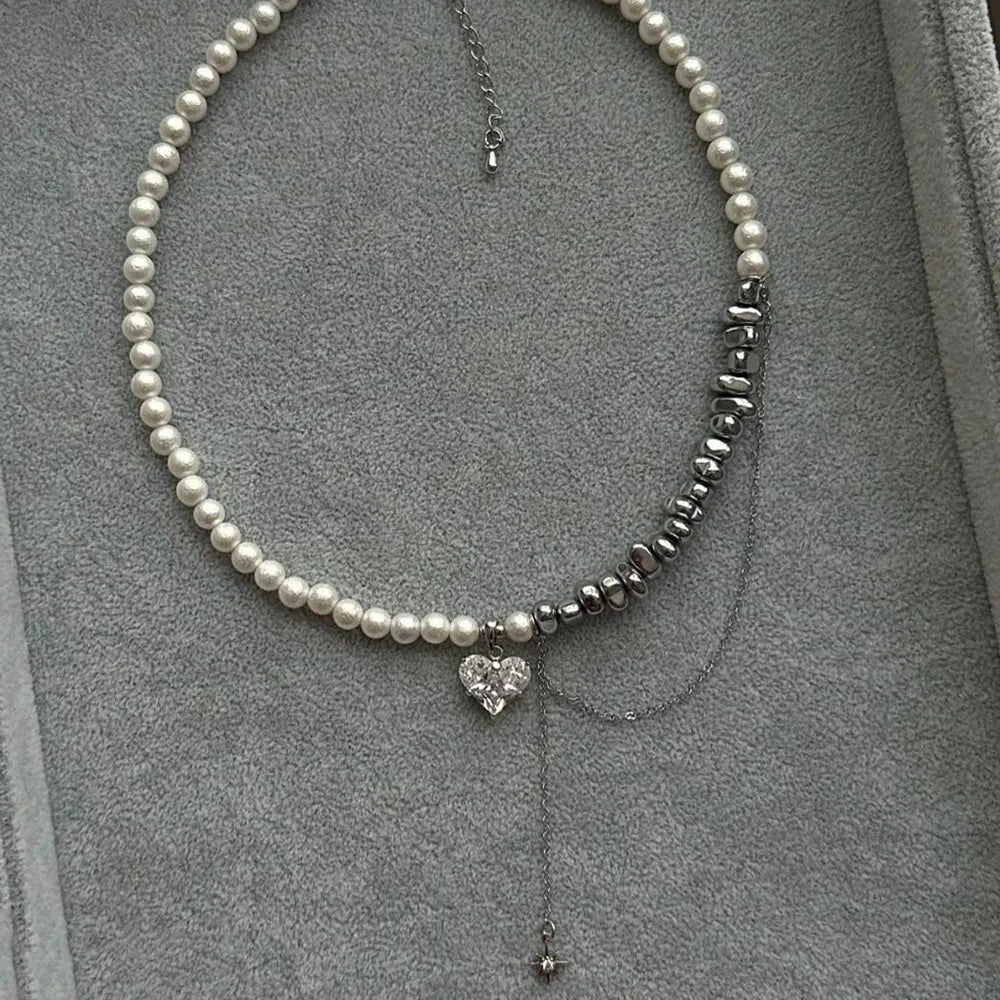 New Irregular Choker Vintage Tassels Zircon Heart Pendant Necklace For Women Female White Imitation Pearl Chain Valentine's Gift