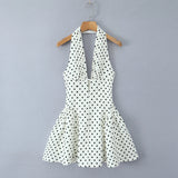 YENKYE French Style Retro Polka Dot Deep V Halter Dress Women Sexy Backless A-line Slim Sweet Elegant Mini Dresses Summer Robe