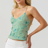Summer Women Y2k Sequin Halter Crop Tops Pearl Embellished Cami Tops Summer Glitter V Neck Rhinestone Camisole Tank Shirt
