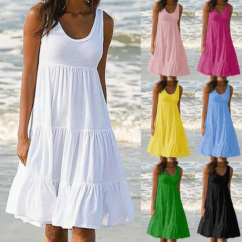 Bohemian Women's Casual O Neck Sleeveless Ruffle Mini Dress Solid Color Beach Tank Top Oversized Loose Dress Plus Size Women3029