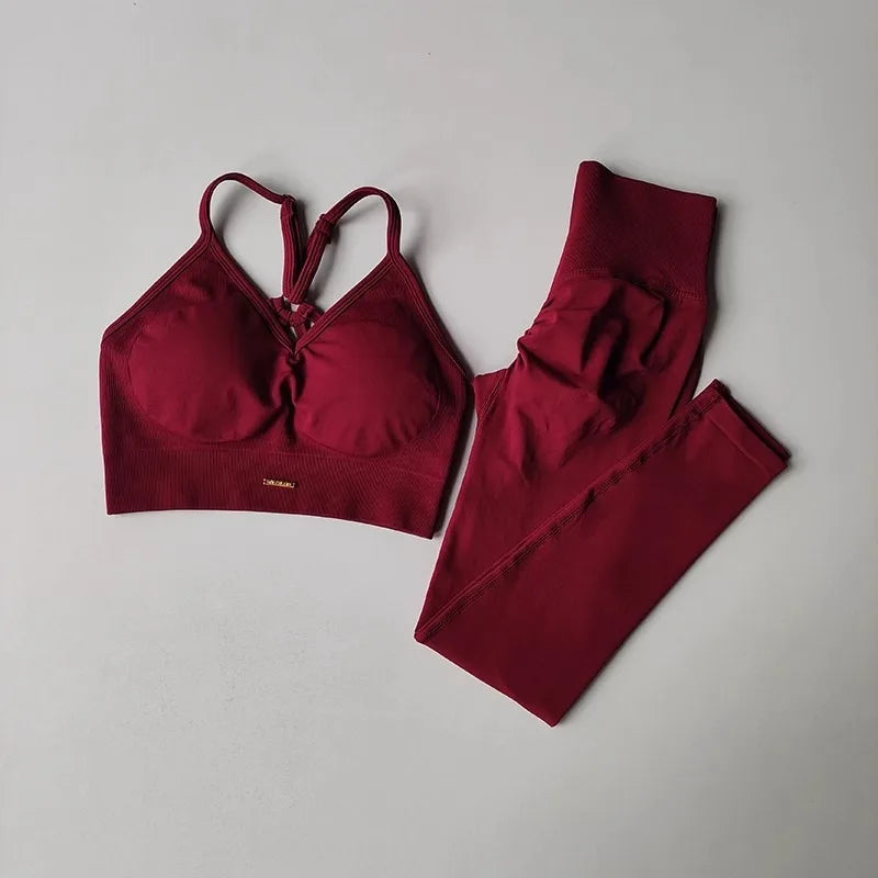 Seamless Yoga Set Women High Waist Scrunch Leggings V Neck Sports Bra 2 Piece Workout Fitness Clothing Quick Dry Gym Suit