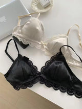 Korean Style Triangle Cup Bow Lace Bra for Women Small Chest Satin Underwear Sweet Breathable Comfortable Soft Bra