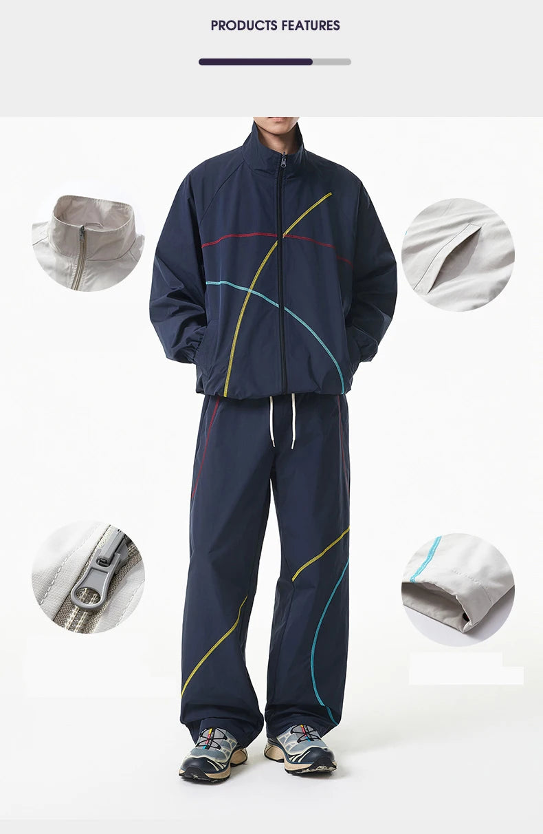 Unisex 2‑Pieces Tracksuit Set Color Contrast Stitching Stand Collar Zip‑Up Jacket Wide Leg Pants Windproof Outdoor Hiking Set