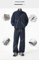 Unisex 2‑Pieces Tracksuit Set Color Contrast Stitching Stand Collar Zip‑Up Jacket Wide Leg Pants Windproof Outdoor Hiking Set