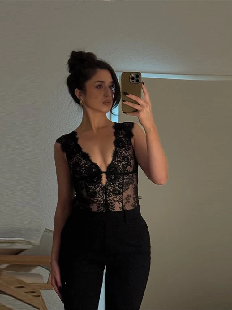 Women Lace Trim Bodysuit Sexy Woman Clotehs Sleeveless Deep V Neck Sheer Mesh Elegant Casual Party Top Spring Vacation Outfit