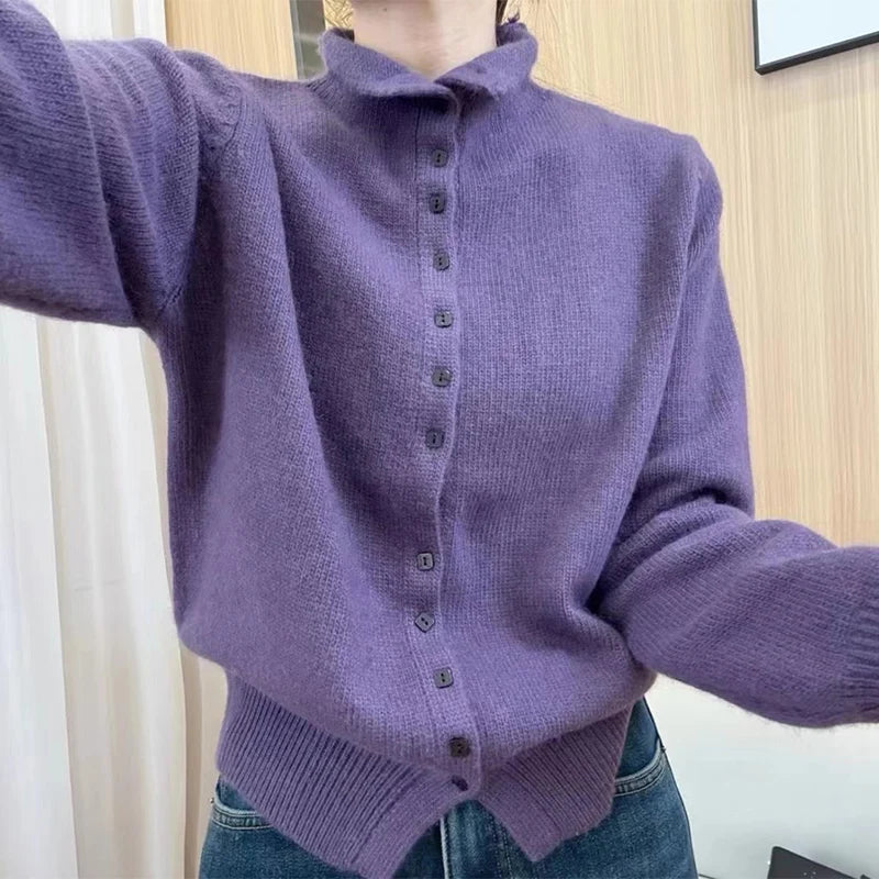 New Soft Comfortable Stand-Up Collar Sweater Cardigan Women Simple Single Breasted Cardigans Coat Autumn Solid Knitted Outerwear