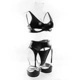 Sexy Hollow Out Leather Lingerie Set Women's Solid Simple Three Piece Underwear Set Female Sujetadores Transparente Para Mujeres