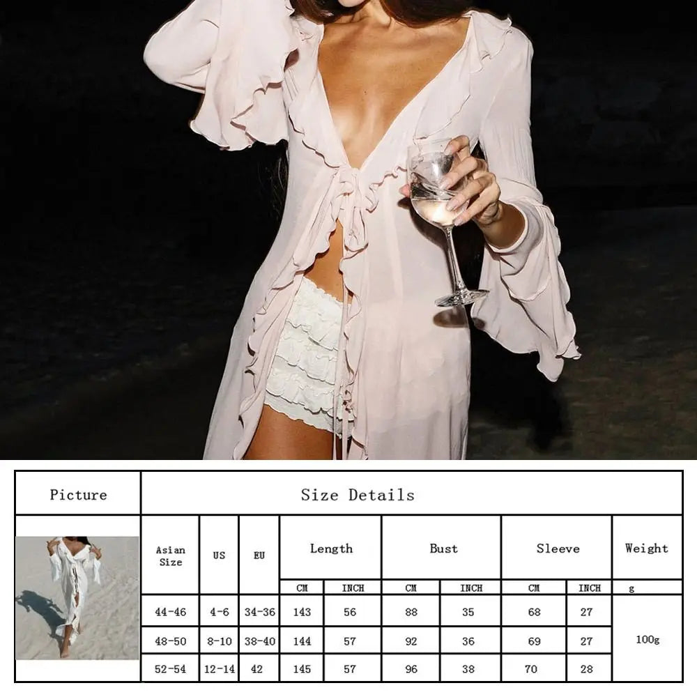 V Neck Summer Beach Cover Up Long Sleeve Ruffled Bikini Sunscreen Smock Vacation Casual Swimsuit Cover Up Dress for Women