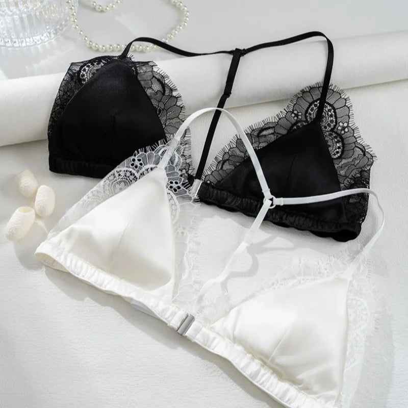 Birdtree 93% Silk 7% Spandex Women Lace Bra,Wireless Pitted Triangle Cup Front Closure Bralette,2026 New Underwear A61403JF