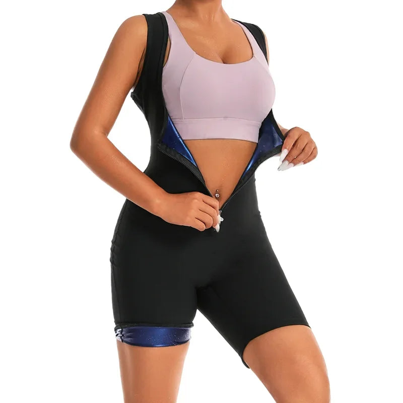 Women Hot Thermo Sauna Bodysuit One Piece Jumpsuit Shapewear Fitness Workout Sweating Bodysuit Body Shaper Thigh Trimmer Shorts