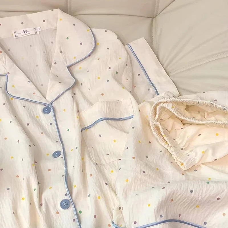 Women's printed polka dot cotton pajamas set, short sleeved top and shorts 2-piece set, casual and comfortable home set, sweet