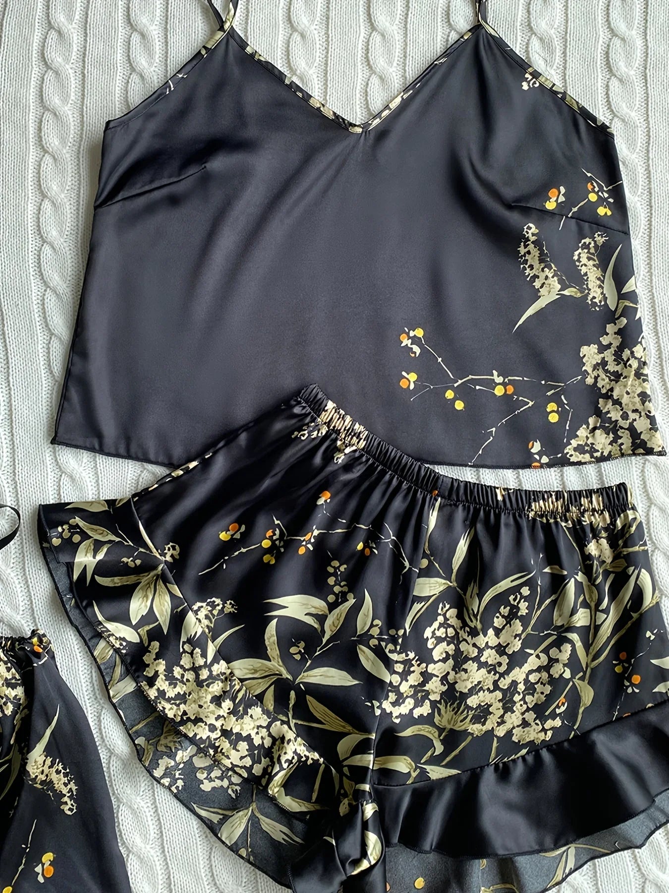 Elegant Floral Print Cami Tops Ruffle Hem Shorts Pajama Set  Women's Sleepwear Loungewear