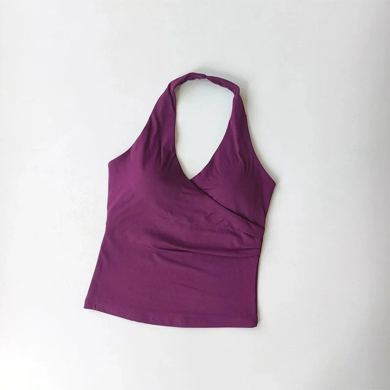 Women's Sexy V-Neck Fitness Bra Nude Sports Bra Hanging Neck Yoga Suit Vest Comfortable Breathable Gym Top for Active Wear
