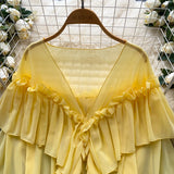 SINGREINY Chic Ruffles Splice Chiffon Blouse V Neck Flared Sleeve Loose Tops 2025 Fashion Solid Fairycore Vacation Women Shirt