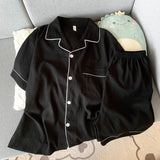 Youth Men's Slim Fit New Pajama Set Solid Color Short Sleeve Lapel Top and Elastic Shorts Pajamas Summer Loungewear Sleepwear