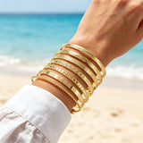 7Pcs Stackable Engraved Open Cuff Bangle Set, Boho Multi Pattern Stack Bracelets, 2 Colors Available Gold Silver, Minimalist Beach Vacation Women Wrist Jewelry, Trendy Fashion Gift Accessories For Ladies