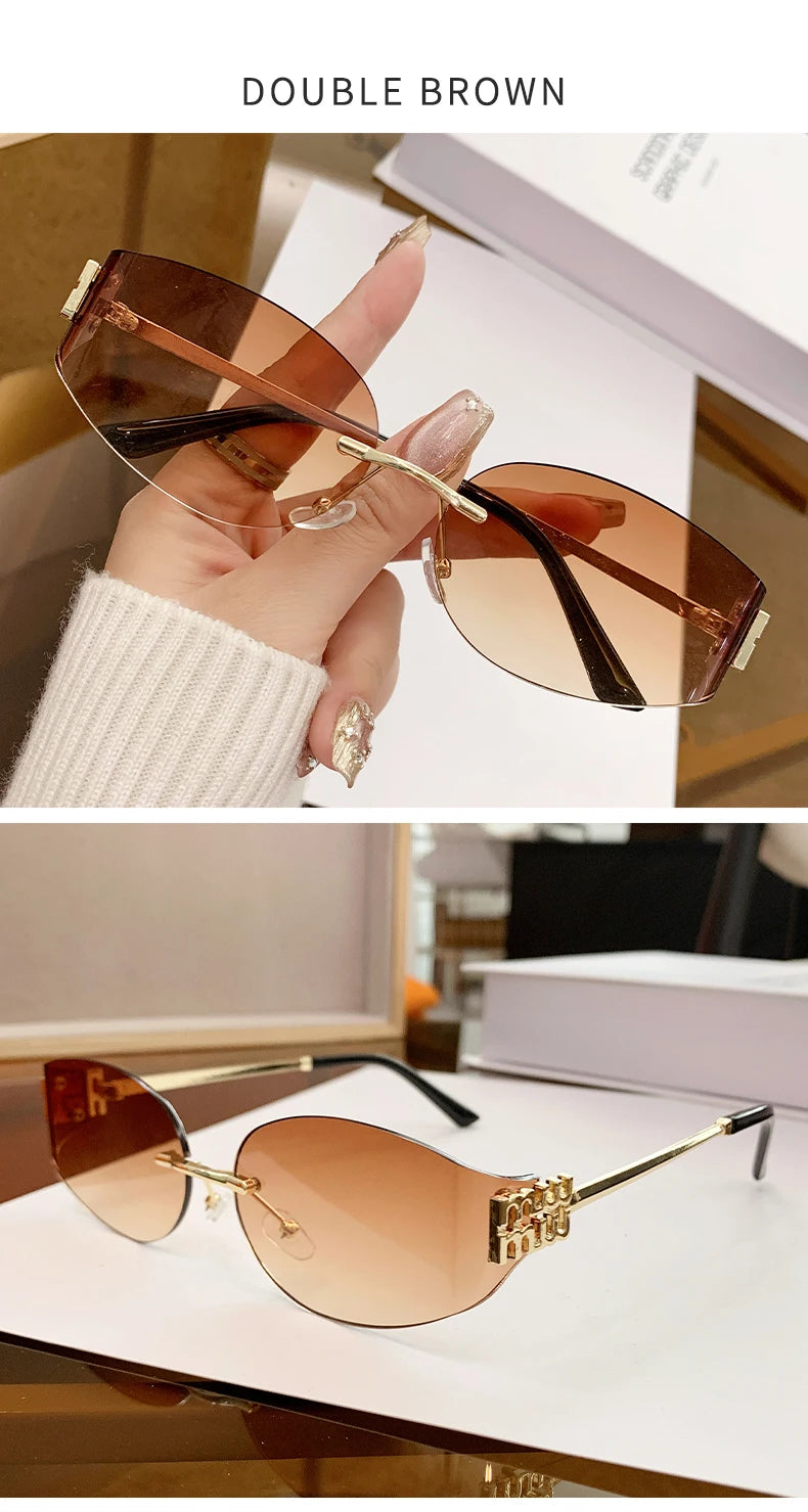 Rimless Oval Sunglasses Women UV400 Oversized Gradient Black Lenses Metal Frame Punk Decorative Glasses Men Goggles Female