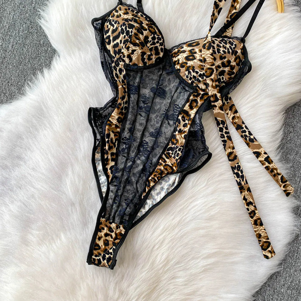 Women Hotsweet V-neck leopard slim  Vintage Straps Bodysuits Chic lace Jumpsuits Slim Top Clothing