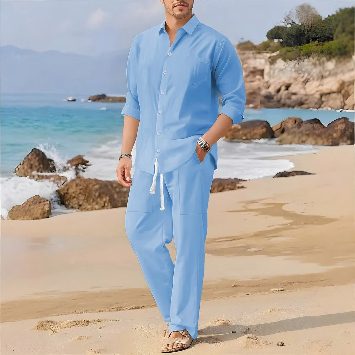 Spring, Summer Autumn New Men's Casual Long-Sleeved Set, Solid Shirt and Pants - Comfortable and Fashionable Two-Piece Set