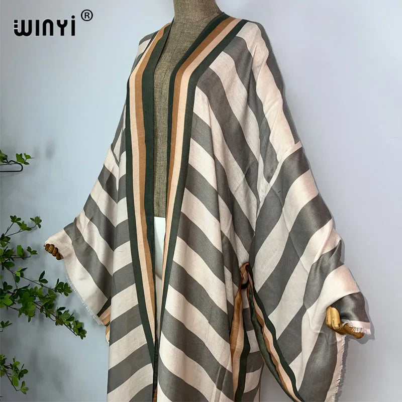 WINYI Kimono Africa Summer Boho Stripe Print Beach Swimwear Elegant Cardigan Sexy Holiday Maxi Beach Wear Swimsuit Evening Dress
