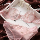 MOYISU New Arrival Luxury Pure Desire Lace Tulle Sexy Panties Lingerie Set Lilacs Embroidery Girl Boobs Big Size Big Boobs Small