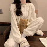 Women's Thickened Warm Sleepwear coral velvet homewear Fluffy O-neck leisure pajamas Striped Large Size Adapted Winter Sleepwear