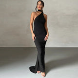 Hugcitar One Shoulder Backless Adjustable Scarf Loop Ruched Sexy Maxi Dress Women Elegant Y2K Streetwear Festival Outfit