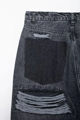 HH 2024 Women's Street Fashion Denim Blue Jeans Distressed Patchwork High Waist Zipper Fly Ripped Retro Long Pants