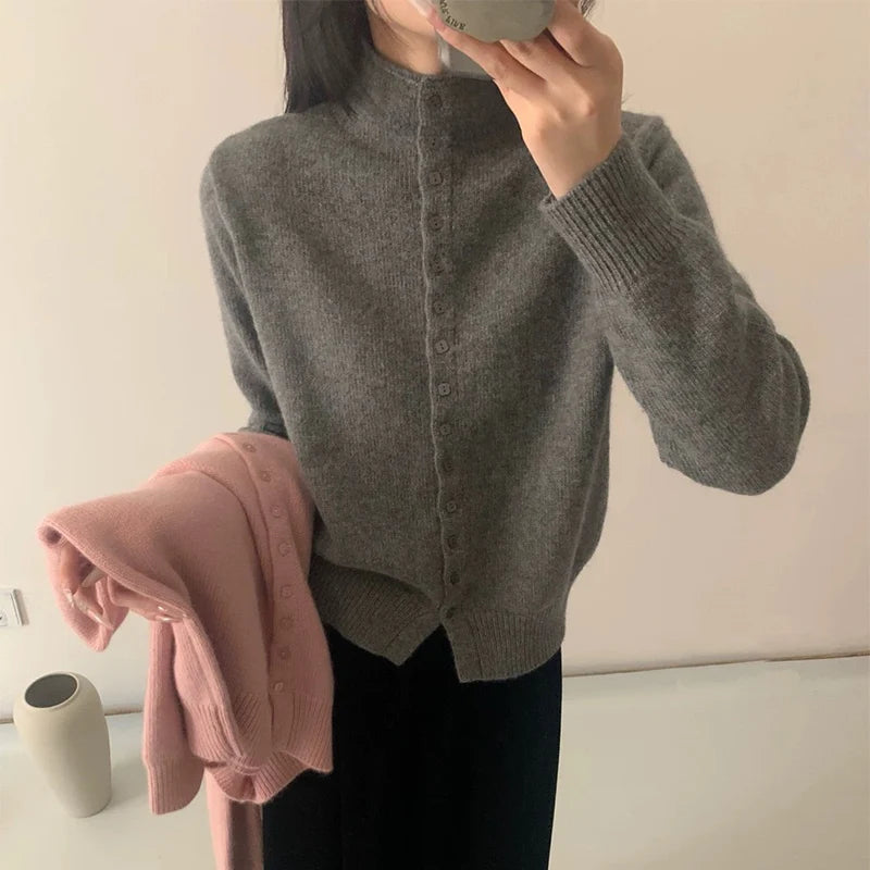 New Soft Comfortable Stand-Up Collar Sweater Cardigan Women Simple Single Breasted Cardigans Coat Autumn Solid Knitted Outerwear