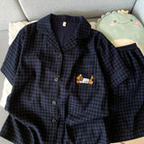 Embroidery Dog Sweet Fashion Cute Pajamas Set for Women Plaid Lapel Neck Elastic Waist Design Pajamas Short New Casual Nightwear